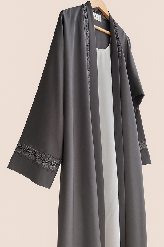 Embroidered Open Abaya – Charcoal Grey