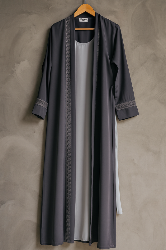 Embroidered Open Abaya – Charcoal Grey